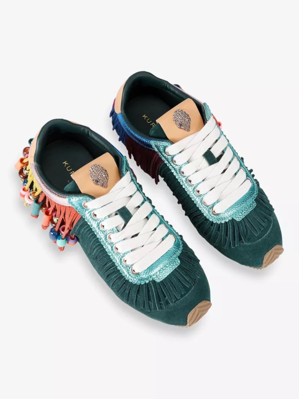Kurt Geiger Green Fringe Beaded Sneakers w/ Multicolor Accents. Fun eye catching - Picture 2 of 5